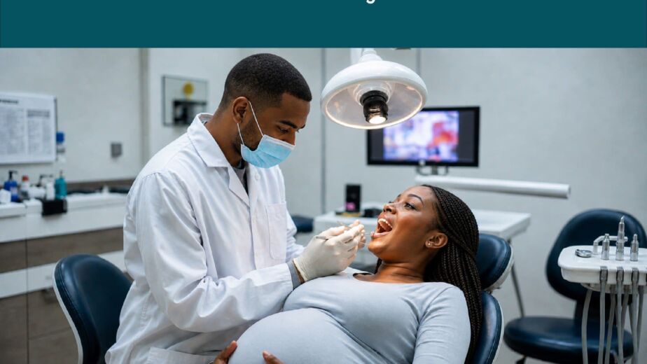 Pregnant woman sitting on the dental chair with dentist checking her teeth